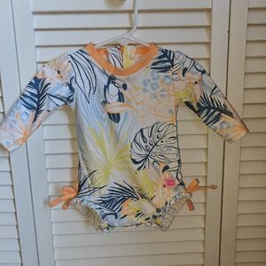 RuffleButts "Birds of Paradise" One-piece Rash Guard Swimsuit 3/6M